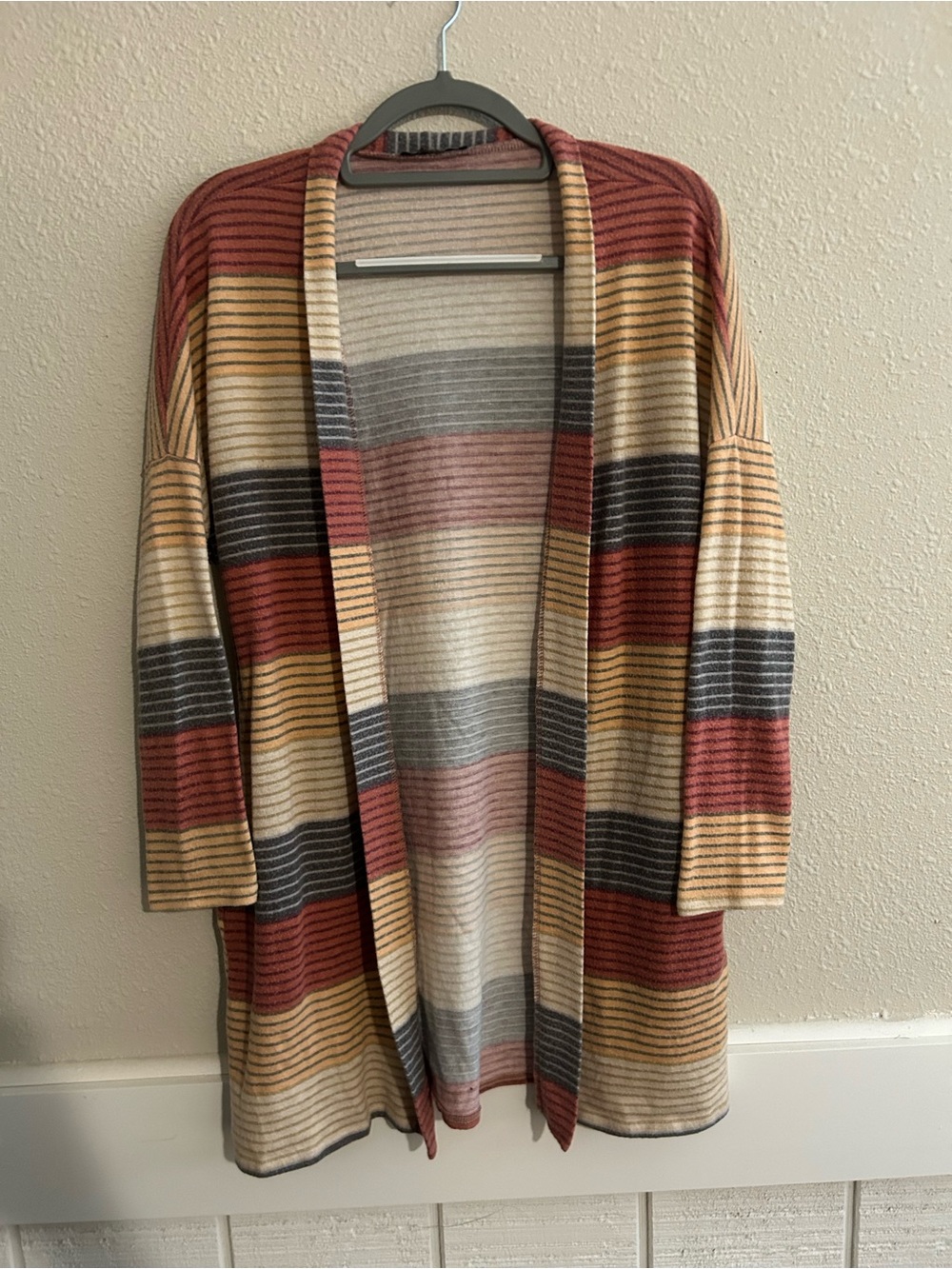 🍂 Cozy BomBom Earth-Toned Striped Duster Cardigan 🍂